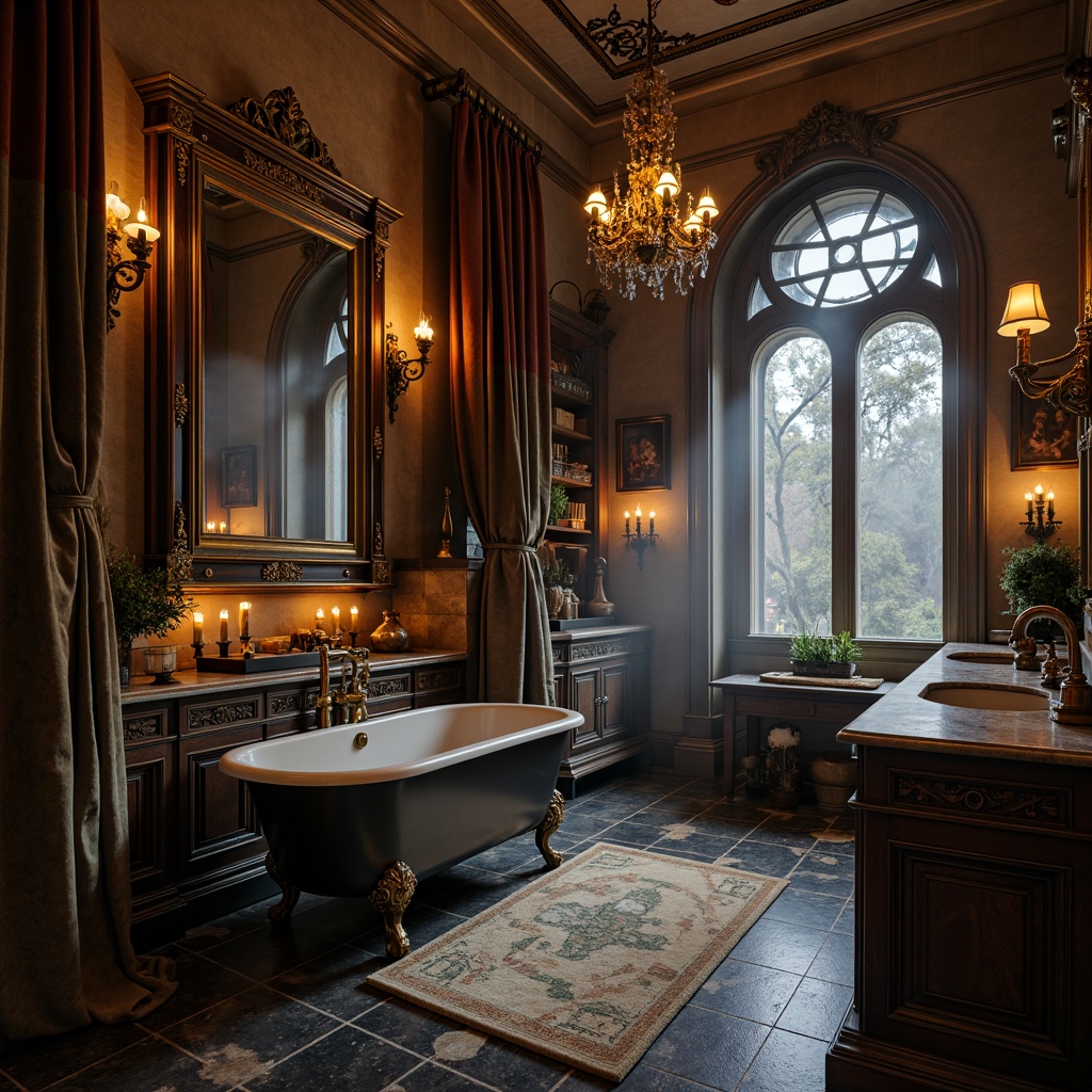 Prompt: Elegant Victorian-style bathtub, ornate metal fixtures, mysterious candlelight, dark marble countertops, intricately carved wooden cabinets, mystical foggy mirrors, luxurious velvet drapes, mysterious old-world maps, ancient artifacts, dramatic archways, grandiose chandeliers, somber stone walls, eerie atmospheric lighting, 1/2 composition, warm color palette, realistic textures, ambient occlusion.