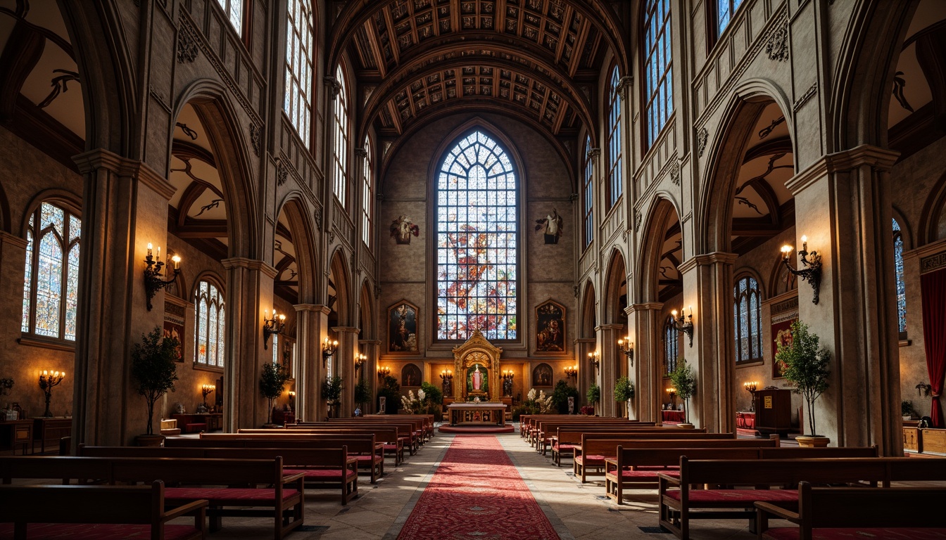 Prompt: Richly ornamented Gothic chapel, grandiose vaulted ceilings, stunning stained glass windows, intricately carved wooden pews, ornate stone columns, luxurious velvet drapes, majestic wooden furniture, intricately patterned rugs, mystical ambiance, warm candlelight, soft diffused lighting, 1/1 composition, symmetrical framing, realistic textures, ambient occlusion.