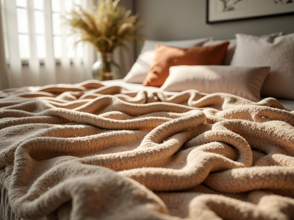 Prompt: Plush throw blankets, soft velvet fabrics, luxurious silk textures, cozy woolen sweaters, comfortable cotton upholstery, ergonomic pillows, calming pastel colors, subtle patterned rugs, natural fiber blends, sophisticated linen materials, elegant satin finishes, tranquil ambiance, warm golden lighting, shallow depth of field, 1/2 composition, realistic fabric simulations.