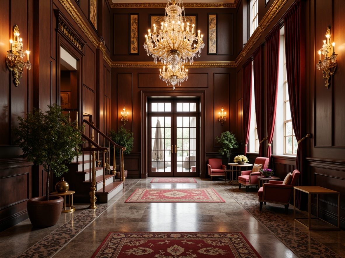 Prompt: Luxurious mansion, grand foyer, sweeping staircase, ornate chandeliers, intricately patterned rugs, rich wood paneling, marble floors, gilded accents, crystal door handles, velvet drapes, subtle warm lighting, soft focus photography, 1/1 composition, shallow depth of field, realistic textures, ambient occlusion.