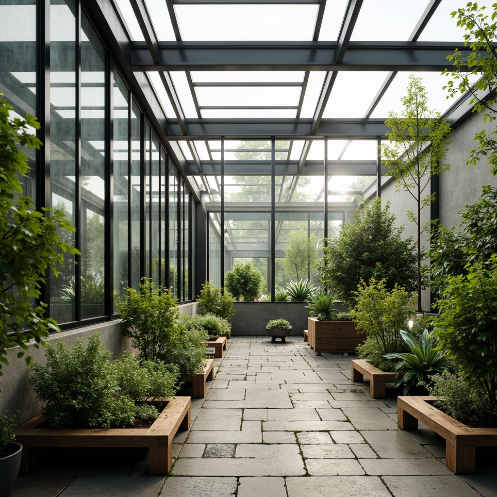 Prompt: Minimalist greenhouse, industrial metal framework, transparent glass walls, lush greenery, natural stone floors, reclaimed wood accents, modern LED grow lights, misting system, automated irrigation, sleek aluminum beams, rustic wooden planters, soft diffused lighting, shallow depth of field, 1/2 composition, realistic reflections, ambient occlusion.