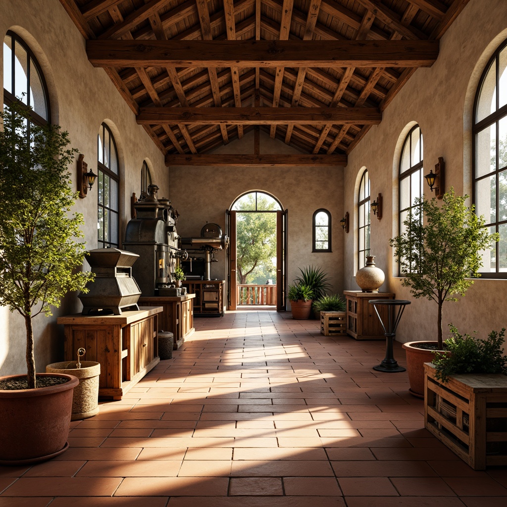 Prompt: Rustic factory, distressed wood accents, vintage metal machinery, earthy terracotta floors, Mediterranean-inspired ceramics, ornate wrought iron details, lush greenery, potted olive trees, wooden crates, natural stone walls, arched windows, warm golden lighting, soft focus, shallow depth of field, 2/3 composition, realistic textures, ambient occlusion.