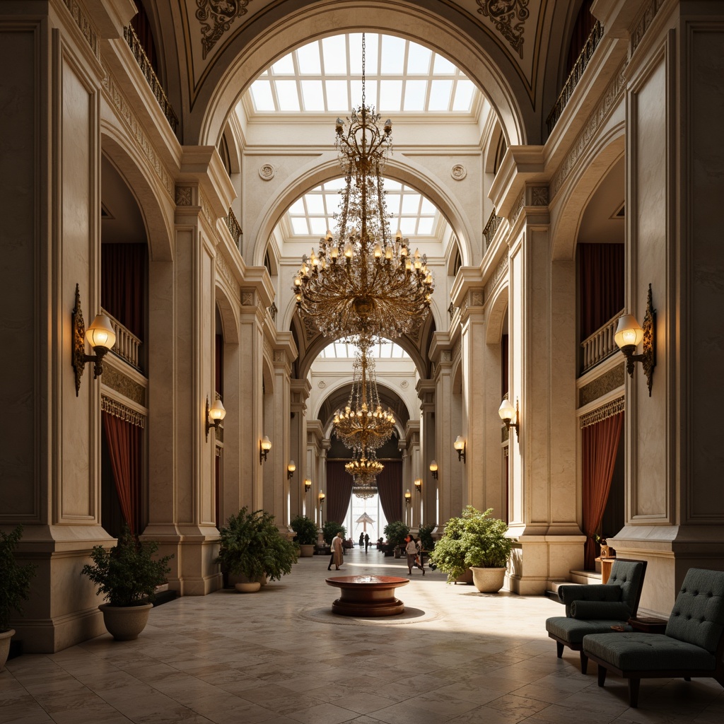 Prompt: Elegant chandelier, ornate metalwork, crystal droplets, soft warm glow, grand high ceiling, neoclassical architecture, white marble columns, intricately carved wood paneling, luxurious furnishings, velvet drapes, golden accents, subtle shadows, dramatic uplighting, 1/1 composition, shallow depth of field, realistic textures, ambient occlusion.