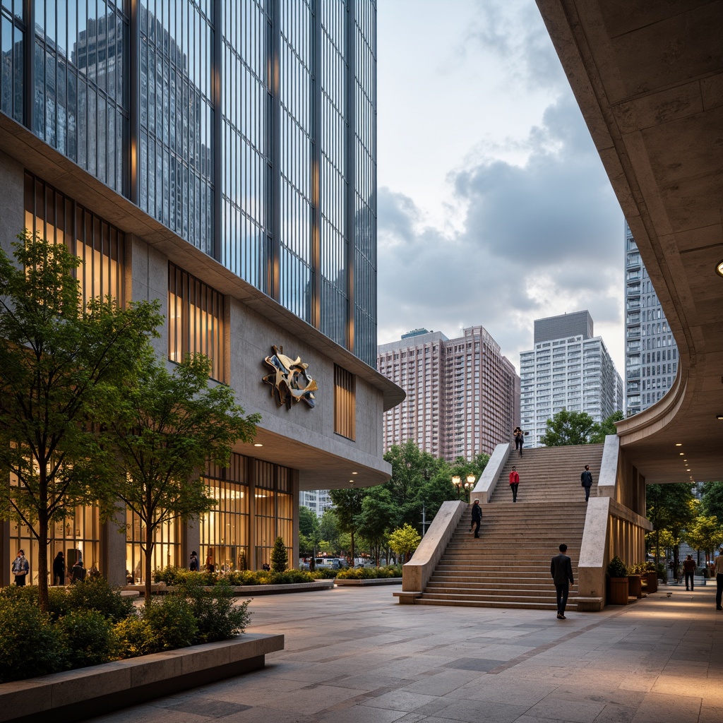 Prompt: Grand courthouse building, modern contemporary architecture, sleek glass facade, metallic accents, subtle stone textures, dramatic atrium, high ceilings, natural light pouring in, elegant staircase, polished wooden floors, sophisticated chandeliers, abstract artwork, vibrant greenery, urban cityscape, cloudy sky, soft warm lighting, shallow depth of field, 3/4 composition, realistic materials, ambient occlusion.