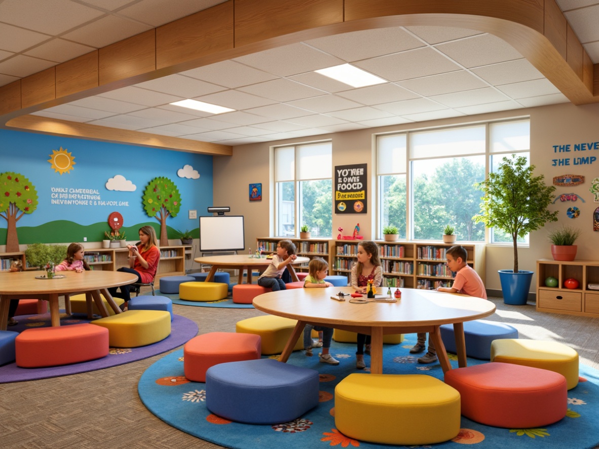 Prompt: Colorful elementary school classrooms, circular learning pods, interactive whiteboards, collaborative tables, ergonomic chairs, soft cushioned reading nooks, natural wood accents, vibrant rugs, educational posters, inspiring quotes, modern LED lighting, flexible seating arrangements, open shelving units, abundant storage bins, playful wall decals, stimulating textures, cozy corner libraries, technology-integrated workstations, 3/4 composition, warm softbox lighting, shallow depth of field.