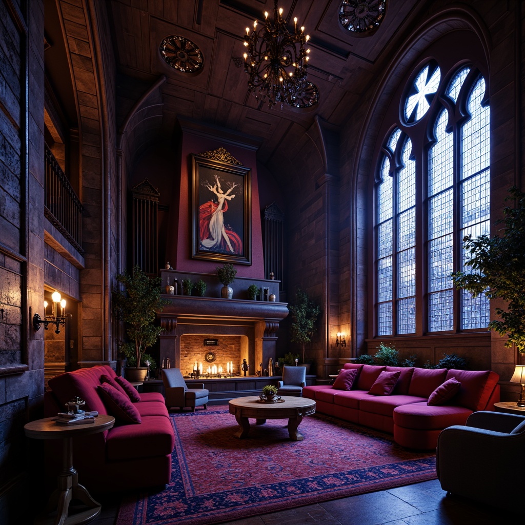 Prompt: Dark mysterious ambiance, ornate fixtures, luxurious materials, vaulted ceilings, stone walls, stained glass windows, rich wood tones, lavish fabrics, crimson red accents, deep purple hues, midnight blue shades, metallic gold details, dramatic lighting, warm candle glow, eerie shadows, mystical atmosphere.