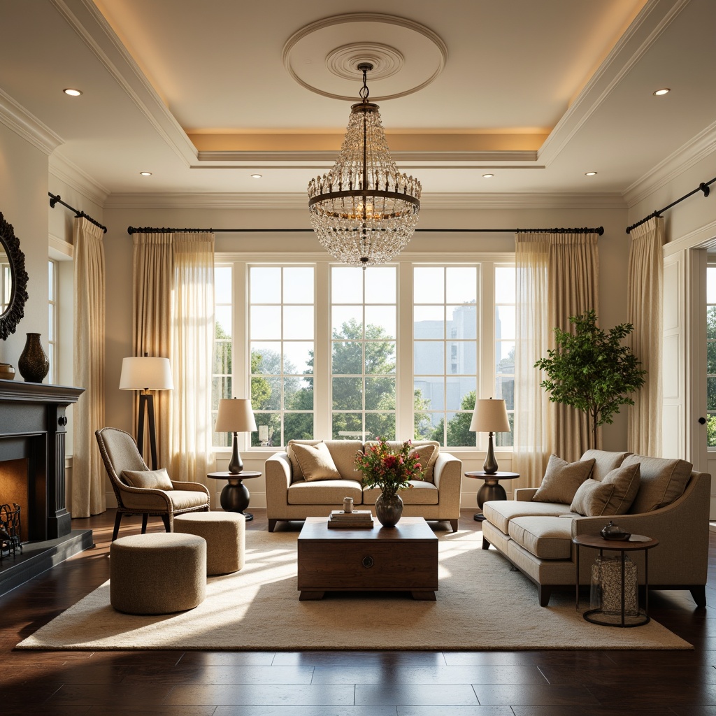 Prompt: Transitional living room, elegant chandeliers, soft warm glow, crystal drops, polished metal fixtures, ornate details, cream-colored walls, dark wood furniture, plush area rugs, natural fiber upholstery, floor-to-ceiling windows, sheer curtains, subtle patterns, classic lines, sophisticated ambiance, warm beige tones, recessed lighting, layered lighting effects, 1/1 composition, softbox lighting, realistic materials.