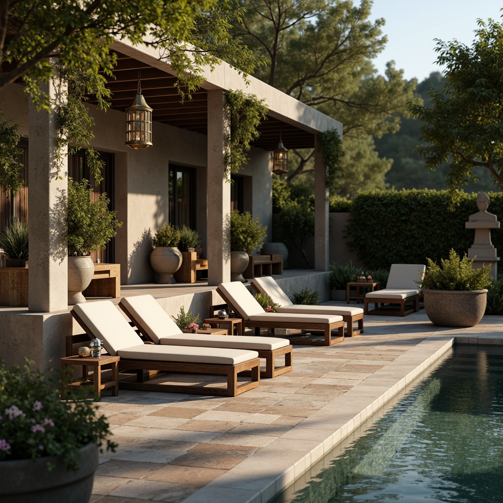 Prompt: Rustic poolside, natural stone coping, ornate bronze lanterns, elegant lounge chairs, plush velvet cushions, refined wooden benches, decorative ironwork, vintage-inspired planters, lush greenery, flowering vines, classic urns, weathered stone statues, soft warm lighting, shallow depth of field, 1/1 composition, realistic textures, ambient occlusion.