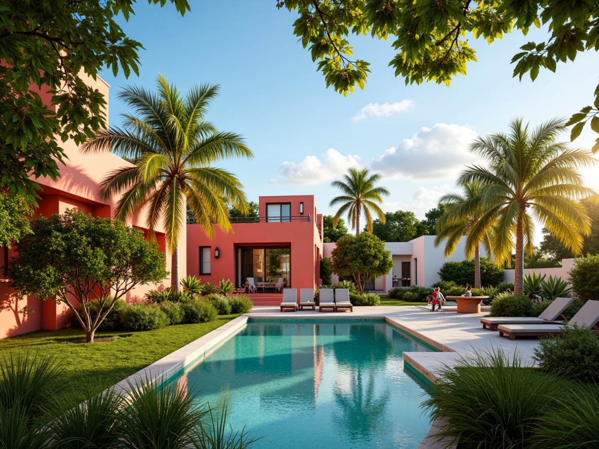 Prompt: Vibrant beachside villa, exotic palm trees, lush green foliage, bright coral walls, turquoise accents, sunny day, warm golden lighting, shallow depth of field, 1/1 composition, panoramic view, realistic textures, ambient occlusion.