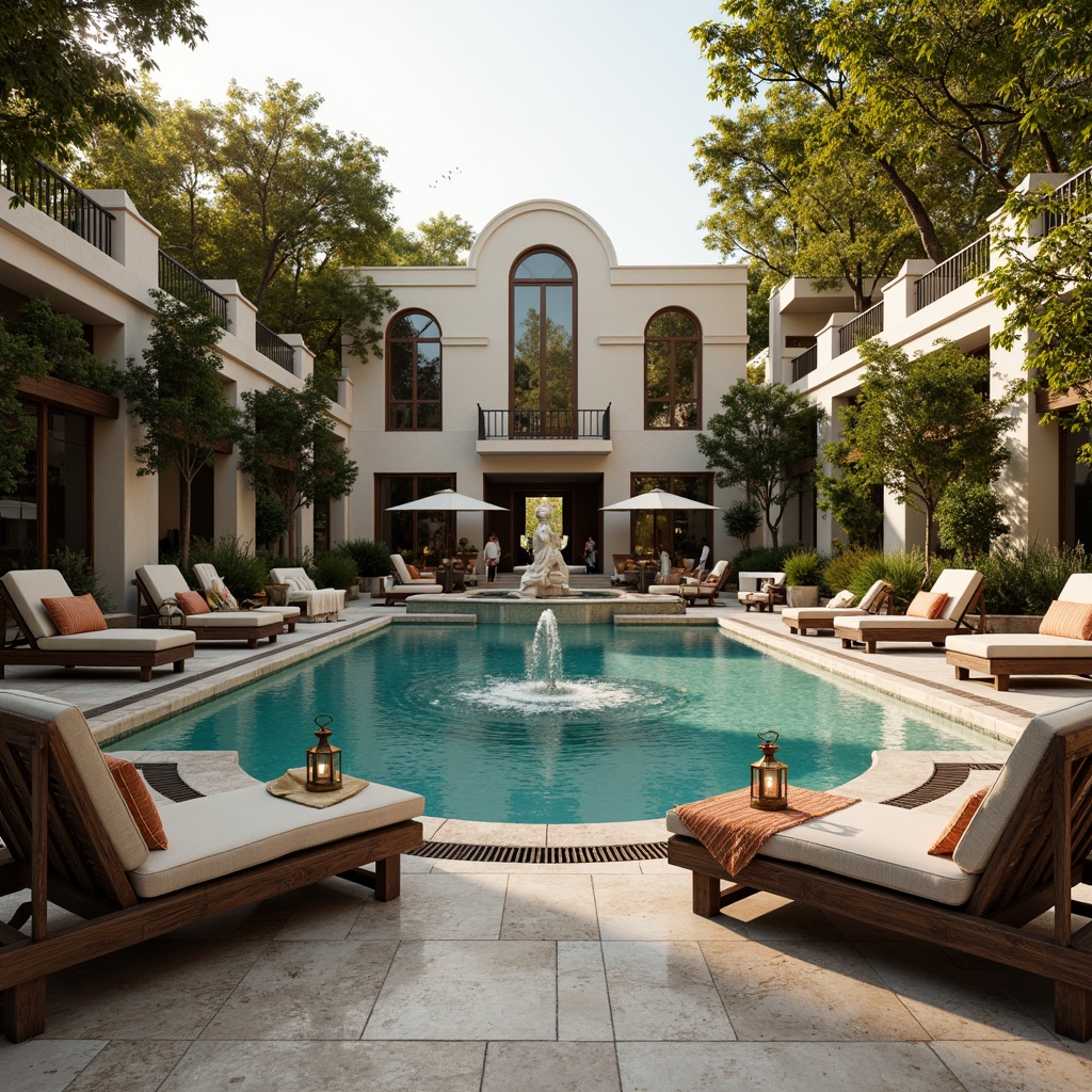 Prompt: Elegant poolside ambiance, ornate fountains, grand statues, luxurious lounge chairs, velvet cushions, intricately carved wooden benches, antique bronze lanterns, marble flooring, mosaic tile accents, natural stone coping, curved lines, symmetrical composition, warm golden lighting, shallow depth of field, 2/3 perspective, realistic water reflections, ambient occlusion.