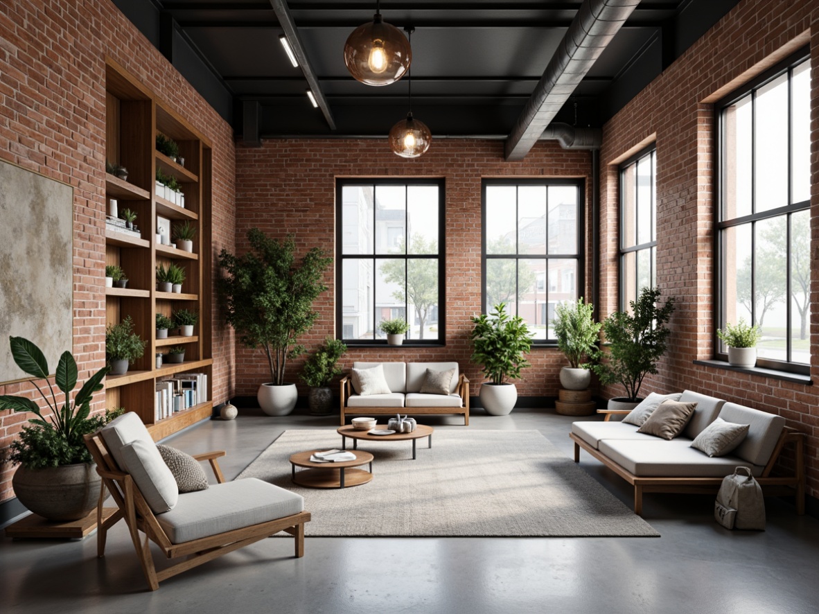 Prompt: Exposed brick walls, polished concrete floors, industrial metal beams, minimal ornamentation, functional simplicity, natural light pouring through large windows, Nordic-inspired wooden accents, cozy textiles, monochromatic color scheme, modern Scandinavian furniture, greenery-filled planters, reclaimed wood shelving, Edison bulb lighting, airy atmosphere, shallow depth of field, 3/4 composition, panoramic view, realistic textures, ambient occlusion.