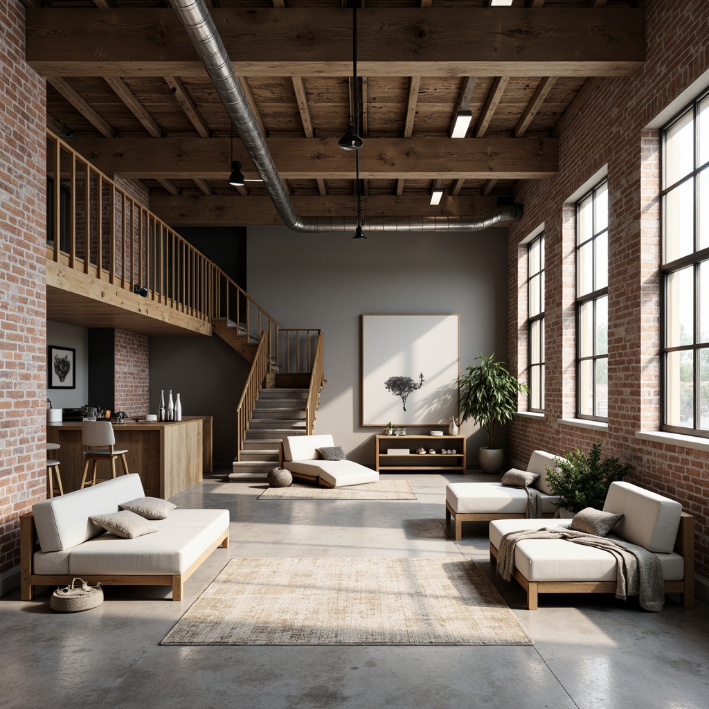 Prompt: Industrial warehouse space, Nordic minimalist aesthetic, exposed brick walls, polished concrete floors, reclaimed wood accents, metal beams, functional industrial lighting, sparse decor, monochromatic color scheme, natural textiles, cozy throw blankets, simple geometrical shapes, clean lines, minimal ornamentation, airy open spaces, abundant natural light, soft diffused shadows, 1/1 composition, realistic material textures, subtle ambient occlusion.