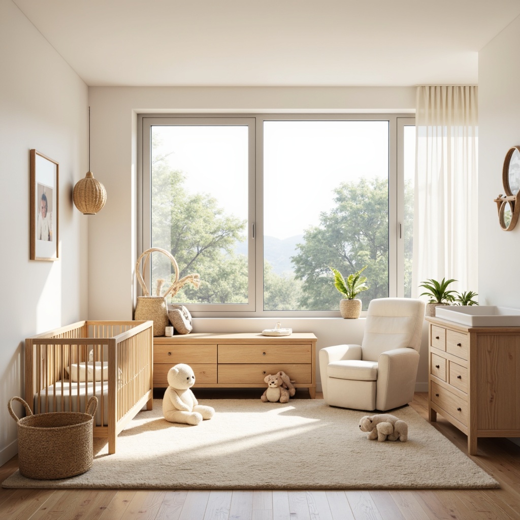 Prompt: Modern baby room, soft pastel colors, gentle wooden crib, plush toys, minimalist furniture, sleek changing table, comfortable glider rocker, natural woven basket, warm beige carpet, creamy white walls, large windows, abundant natural light, airy feel, shallow depth of field, 1/1 composition, realistic textures, ambient occlusion.