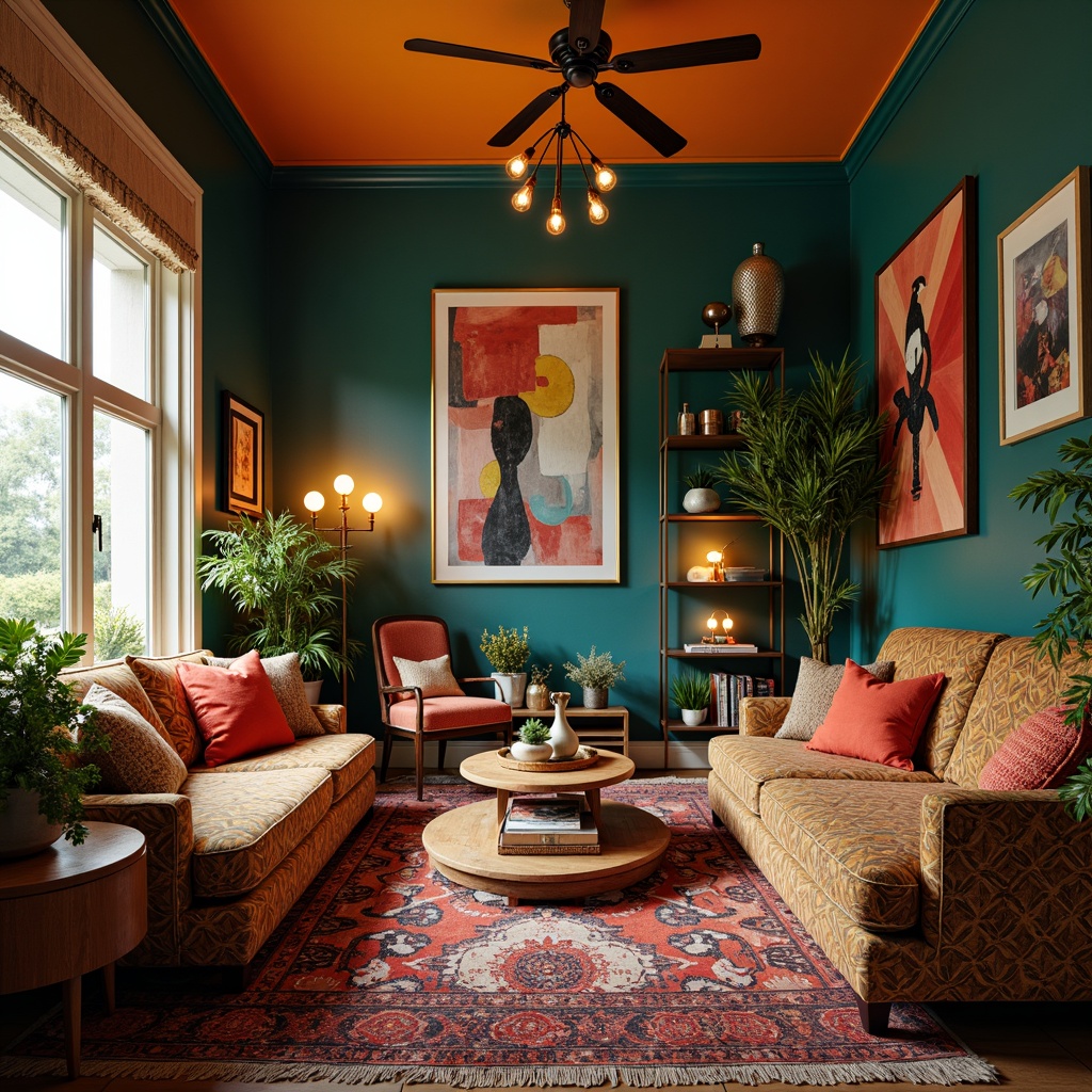 Prompt: Vibrant eclectic interior, mix-and-match furniture, bold color palette, ornate patterns, textured rugs, statement lighting fixtures, industrial pendant lamps, table lamps with sculptural shapes, floor lamps with unique silhouettes, warm golden lighting, soft pastel hues, dramatic shadows, layered lighting effects, cozy reading nooks, plush upholstery, rich wood accents, metallic decorative elements, abstract artwork, eclectic accessories, 1/1 composition, high contrast ratio, moody atmosphere, realistic textures, ambient occlusion.