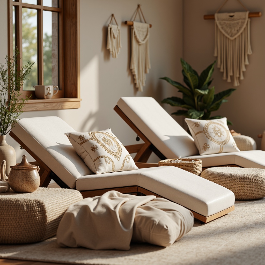 Prompt: Luxurious fabrics, soft velvety textures, calming pastel colors, intricate embroidery patterns, metallic accents, plush cushions, ergonomic designs, reclining sofas, adjustable headrests, cozy throw blankets, natural fiber materials, woven baskets, macrame wall hangings, warm ambient lighting, serene atmosphere, 1/1 composition, shallow depth of field, realistic renderings.