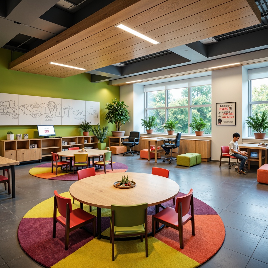 Prompt: Vibrant elementary school, collaborative learning spaces, flexible seating arrangements, interactive whiteboards, colorful educational rugs, modular furniture, natural wood accents, soft warm lighting, cozy reading nooks, ergonomic desks, adjustable chairs, inspiring quotes, motivational posters, green walls, living plants, calming colors, open shelving, accessible storage, circular tables, creative corners, stimulating textures, shallow depth of field, 1/1 composition, panoramic view, realistic rendering.