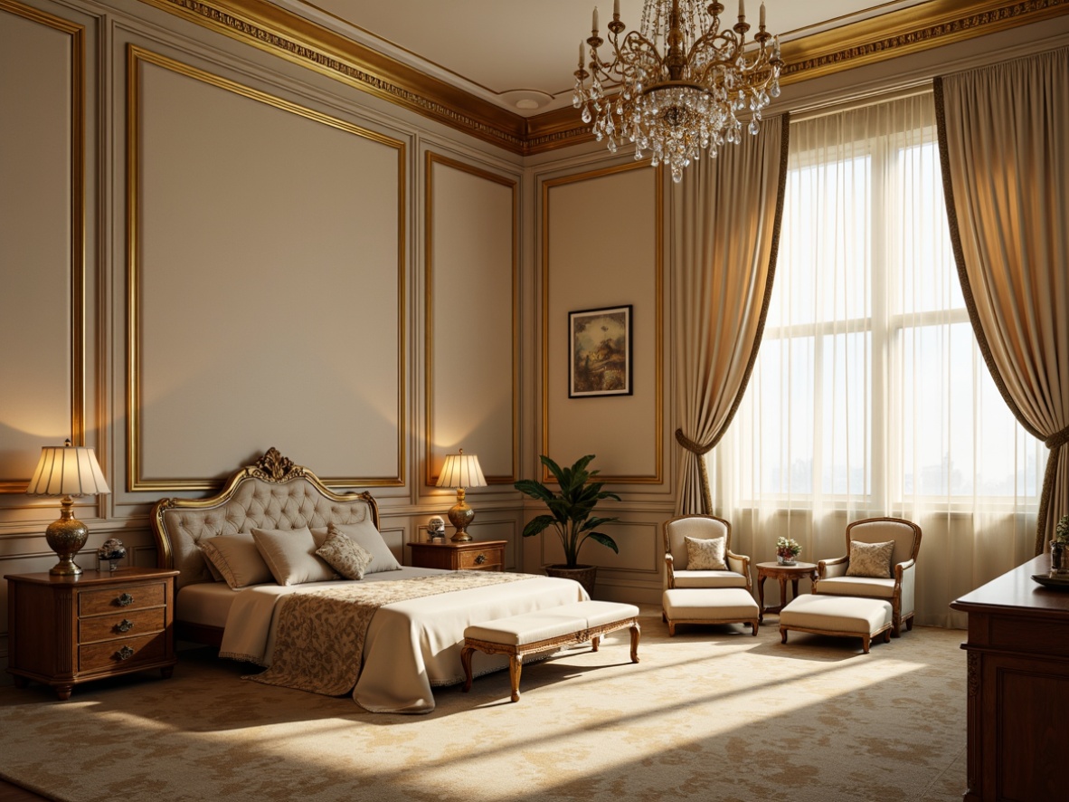 Prompt: Elegant home office, ornate furnishings, rich wood tones, golden accents, soft cream walls, luxurious fabrics, delicate patterns, crystal chandeliers, warm candlelight, gentle spotlighting, subtle shading, layered lighting, ambient glow, warm beige carpet, curved lines, intricate moldings, French-inspired decor, lavish textures, dramatic drapery, opulent accessories, refined elegance, soft pastel hues, afternoon sunlight filtering through sheer curtains, 1/2 composition, shallow depth of field, warm color temperature.