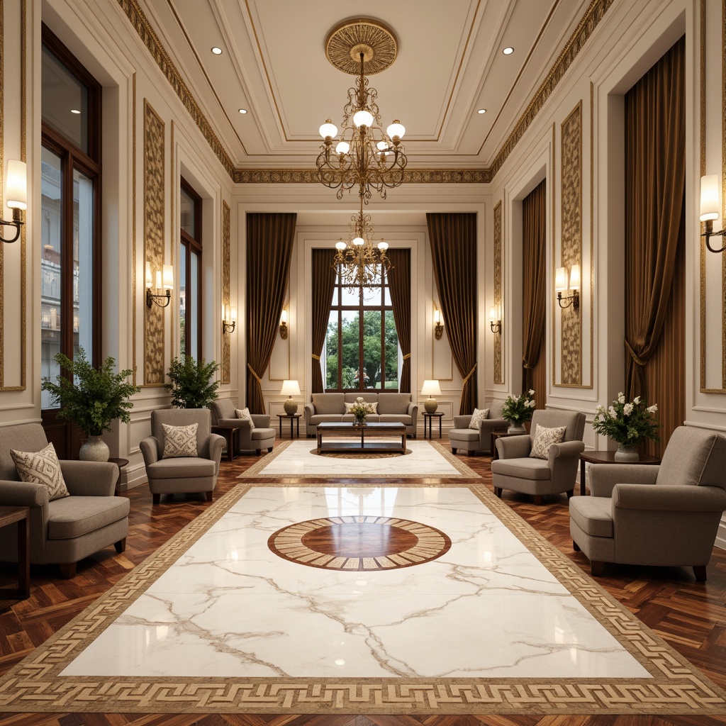 Prompt: \Polished marble floors, creamy white hues, ornate patterns, inlaid wood flooring, rich walnut tones, herringbone designs, classic Greek key motifs, subtle sheen, soft warm lighting, shallow depth of field, 3/4 composition, symmetrical balance, grand chandeliers, opulent furnishings, luxurious textiles, velvet drapes, intricate moldings, ornate ceiling details, stately columns, refined elegance, sophisticated ambiance.\