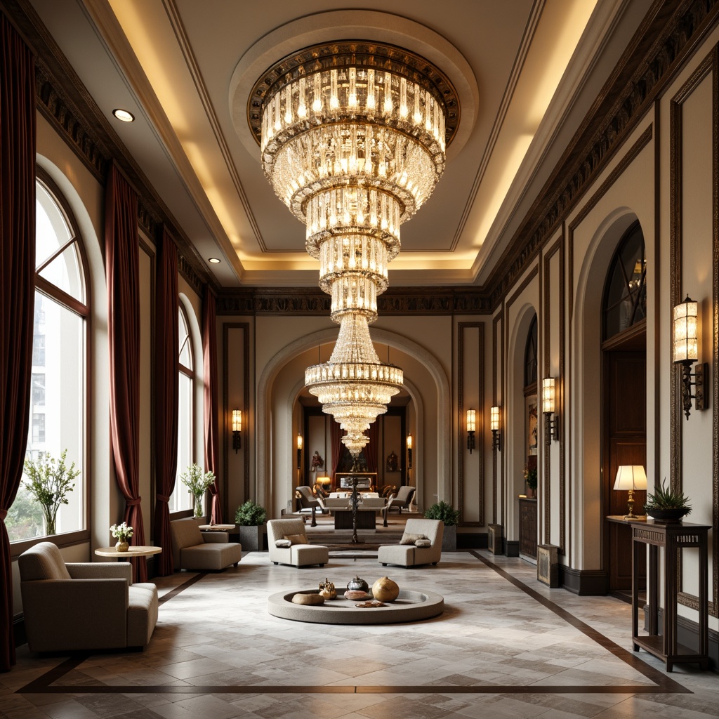 Prompt: Elegant crystal chandeliers, ornate bronze sconces, refined pendant lights, luxurious gold leaf details, rich velvet drapes, opulent marble floors, grand high ceilings, intricately carved wooden paneling, sophisticated neutral color palette, soft warm glow, subtle shadows, 1/2 composition, low-key lighting, realistic reflections, ambient occlusion.