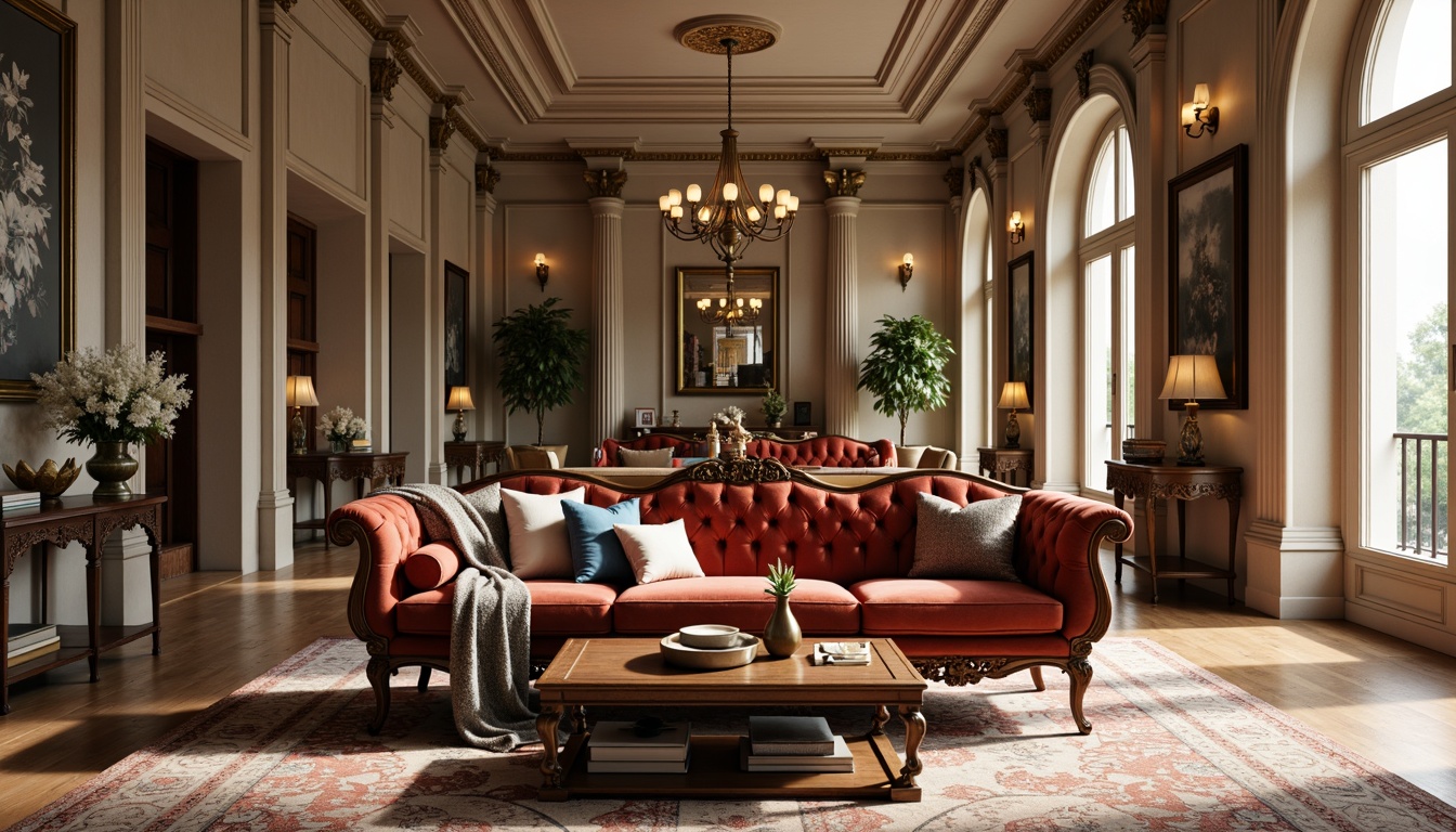 Prompt: Elegant velvet sofa, ornate carved wooden legs, luxurious silk upholstery, gilded bronze accents, refined curved lines, intricate marble inlays, stately columns, grandiose chandeliers, richly patterned rugs, sophisticated neutral tones, opulent drapery, lavish furnishings, classical proportions, symmetrical compositions, warm golden lighting, subtle shading, 1/1 composition, realistic textures.