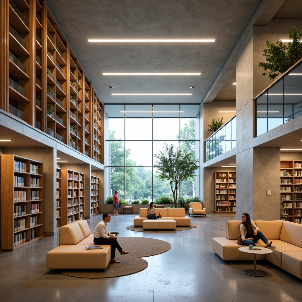 Prompt: Minimalist library interior, open shelving, abundant natural light, comfortable reading nooks, modular furniture, collaborative workspaces, quiet study areas, ergonomic seating, ample power outlets, modern LED lighting, polished concrete floors, sleek wooden accents, floor-to-ceiling bookshelves, compact storage solutions, adaptive reuse of historical buildings, sustainable materials, energy-efficient systems, calming color palette, soft warm lighting, shallow depth of field, 3/4 composition, realistic textures.