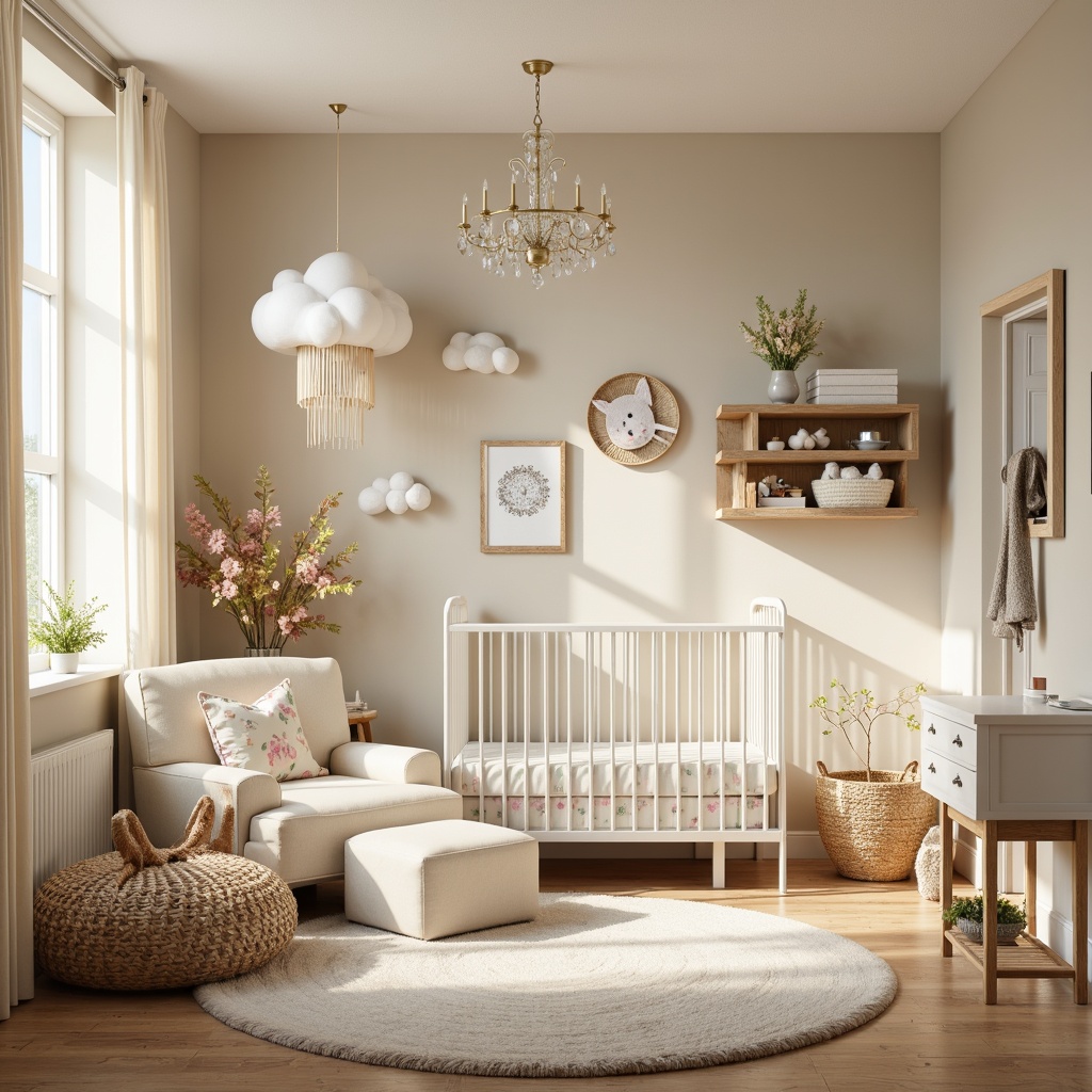 Prompt: Whimsical baby nursery, soft pastel colors, delicate floral patterns, creamy white furniture, plush area rug, gentle cloud-shaped mobiles, warm beige walls, natural wood accents, ornate metal crib, elegant drapery, sheer curtains, subtle sparkle chandelier, vintage-inspired decorative frames, distressed wood shelving, woven baskets, artificial flower arrangements, morning sunlight, soft focus, shallow depth of field, 1/1 composition, realistic textures, ambient occlusion.