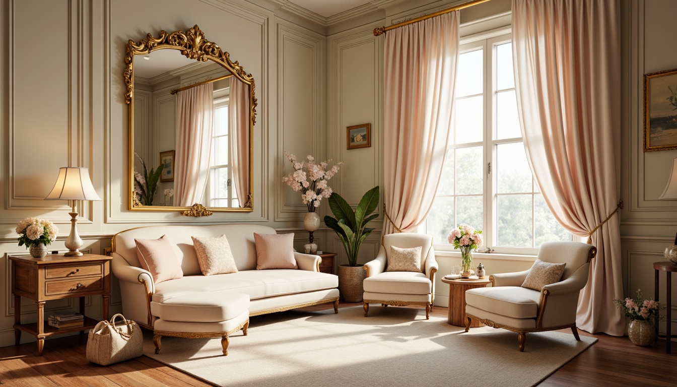 Prompt: Elegant boudoir, soft golden lighting, ornate mirrors, lavish furnishings, intricate carvings, velvet drapes, pastel hues, creamy whites, pale pinks, minty freshness, delicate florals, subtle sheen, luxurious textures, French neoclassicism, curved lines, ornamental patterns, gilded accents, romantic ambiance, warm candlelight, shallow depth of field, 1/2 composition, soft focus, realistic renderings.