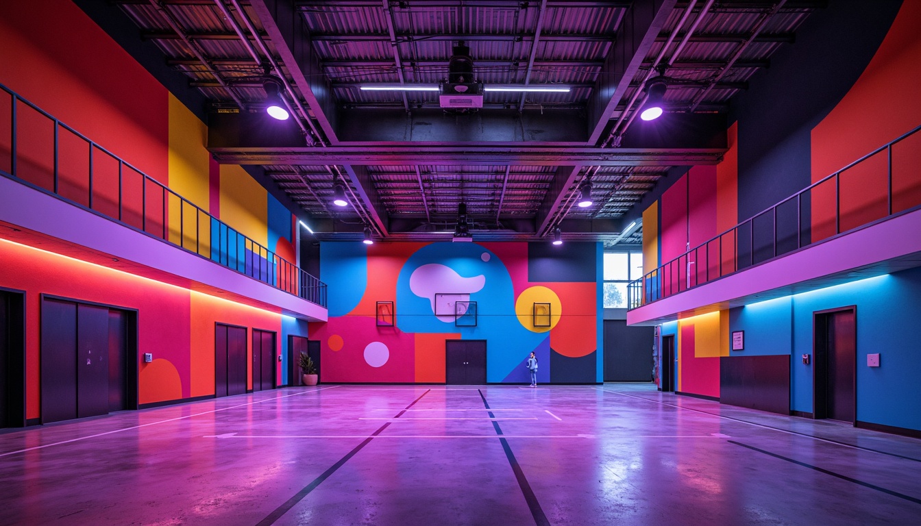 Prompt: Vibrant gymnasium interior, bold postmodernist architecture, neon-colored accents, abstract geometric patterns, exposed ductwork, industrial metal beams, polished concrete floors, dynamic LED lighting, dramatic spotlights, soft warm glow, subtle shadows, high-contrast ratios, 1/1 composition, shallow depth of field, realistic textures, ambient occlusion.