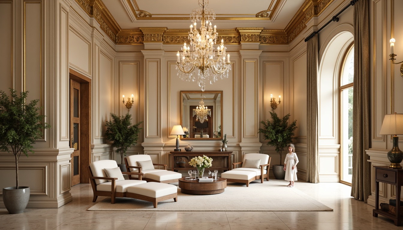 Prompt: Neoclassical interior, luxurious atmosphere, rich wood tones, cream marble floors, ornate gold accents, soft velvet upholstery, subtle silk textures, warm beige walls, elegant crystal chandeliers, refined architectural details, sophisticated molding patterns, stately columns, harmonious color balance, creamy whites, muted grays, earthy browns, lavish furnishings, opulent drapery, classical proportions, balanced composition, softbox lighting, cinematic shadows, high-contrast ratios.