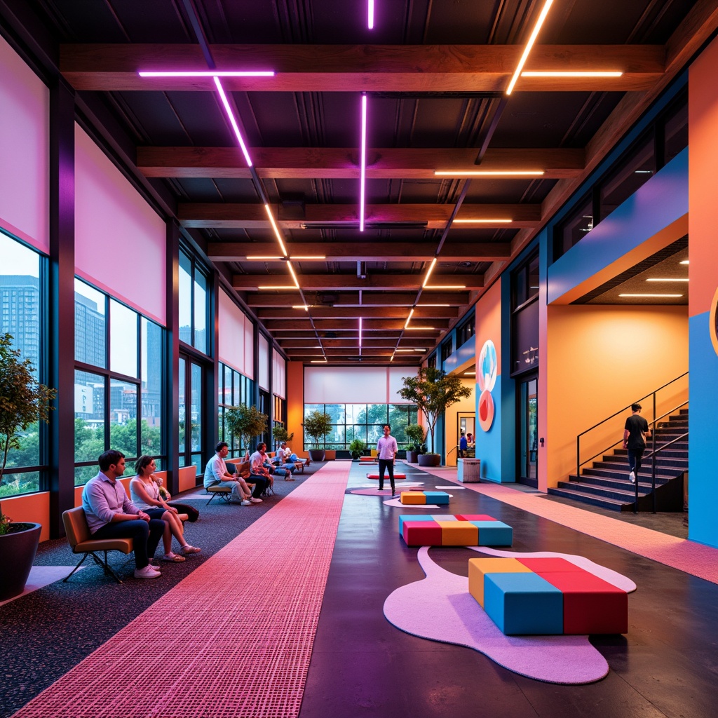 Prompt: Vibrant gymnasium interior, postmodernist architecture, bold color schemes, irregular shapes, futuristic equipment, ergonomic seating, neon lighting, metal mesh surfaces, reclaimed wood accents, abstract art pieces, dynamic patterns, asymmetrical compositions, 1/1 perspective, high-key lighting, shallow depth of field, realistic textures, ambient occlusion.