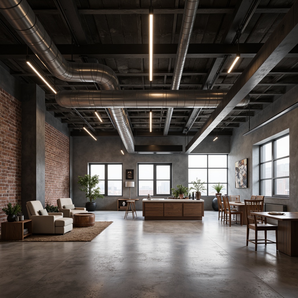 Prompt: Exposed ductwork, polished concrete floors, industrial-style lighting fixtures, metal beams, urban loft atmosphere, reclaimed wood accents, modern minimalist decor, neutral color palette, sleek lines, functional simplicity, raw unfinished textures, matte finishes, atmospheric misting, dramatic overhead lighting, 1/2 composition, shallow depth of field, realistic renderings.