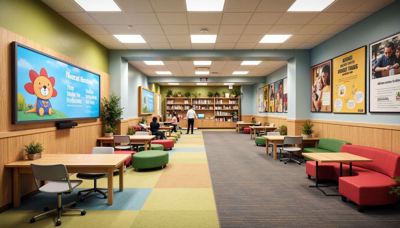 Prompt: Vibrant elementary school interior, playful color schemes, ergonomic chairs, wooden desks, adjustable tables, comfortable couches, educational posters, interactive whiteboards, natural wood accents, soft carpet flooring, circular reading nooks, cozy corner seats, collaborative workstations, flexible seating arrangements, abundant storage units, bright overhead lighting, warm task lighting, 1/1 composition, shallow depth of field, realistic textures, ambient occlusion.