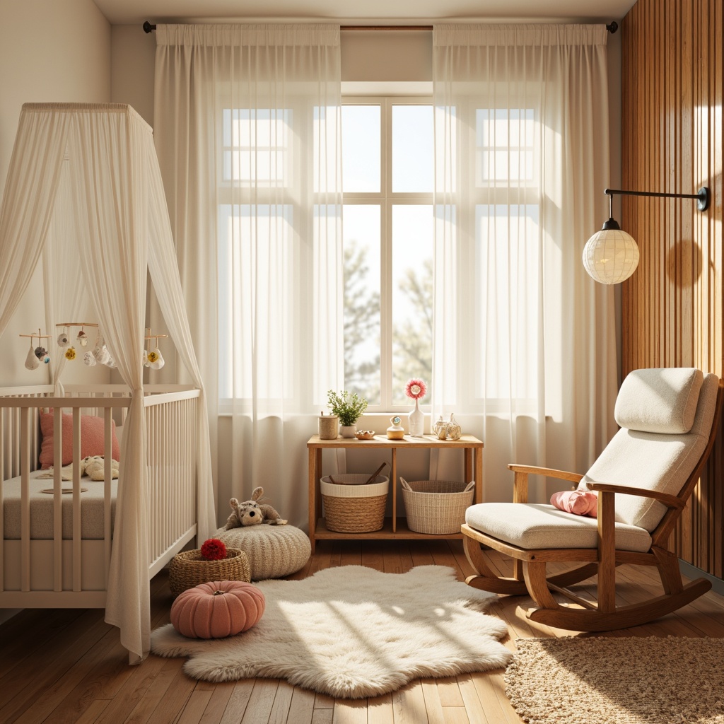 Prompt: Soft warm lighting, gentle glow, creamy whites, pastel hues, textured fabrics, plush toys, crib with canopy, cozy reading nook, comfortable glider, warm wood tones, natural fiber rugs, soft sheepskin accents, whimsical mobiles, delicate flower patterns, soothing color palette, 1/2 composition, shallow depth of field, warm golden lighting, relaxed atmosphere.