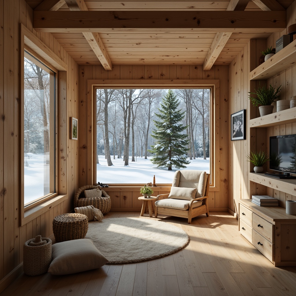 Prompt: Nordic cabin, wooden accents, natural textures, earthy tones, moss green, foggy blue, creamy whites, warm beige, rustic charm, cozy atmosphere, snowflake patterns, minimalist decor, functional simplicity, soft warm lighting, shallow depth of field, 3/4 composition, intimate close-up shots, realistic wood grain, ambient occlusion.