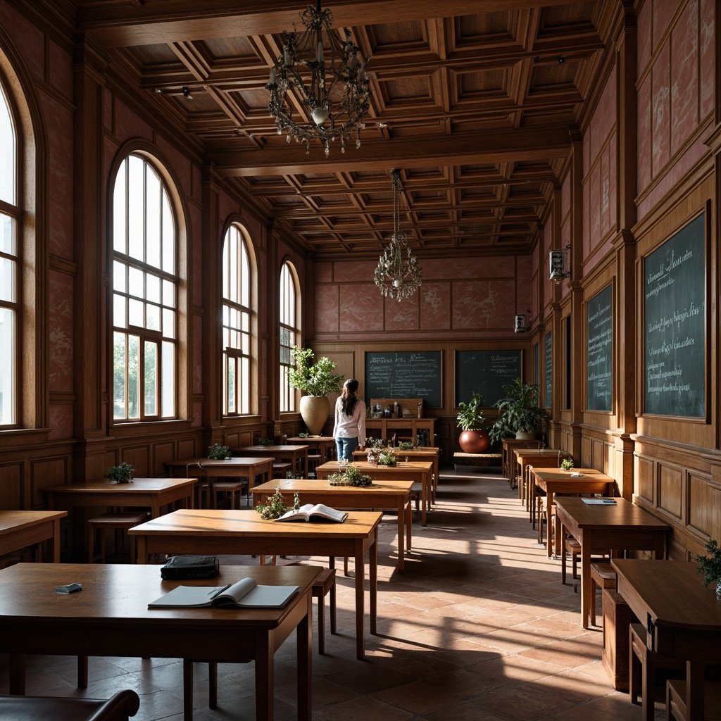 Prompt: Elegant classroom, rich wood tones, ornate moldings, vintage chalkboards, classic desks, leather-bound books, refined metal lanterns, subtle archways, sophisticated color palette, earthy red brick walls, limestone columns, grand staircases, stately hallways, soft diffused lighting, shallow depth of field, 1/1 composition, realistic textures, ambient occlusion.