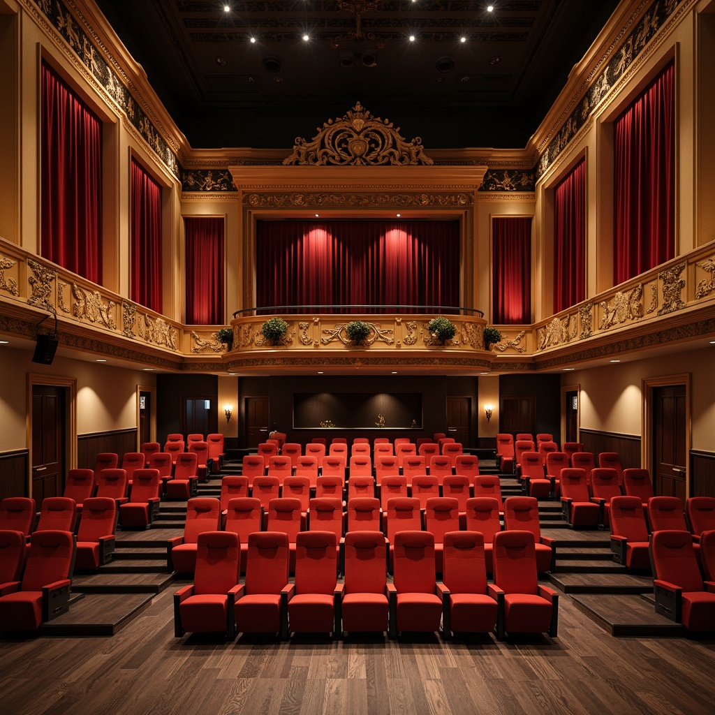 Prompt: Luxurious theater interior, sound-absorbing acoustic panels, rich wood trim, plush red velvet seats, ornate golden details, high ceilings, subtle ambient lighting, professional audio equipment, speakers, microphones, state-of-the-art technology, precise sound calibration, optimal reverberation time, intimate performance space, warm beige walls, dark hardwood floors, comfortable audience seating, elegant decorative elements, soft box booms, 1/2 composition, realistic textures, cinematic ambiance.