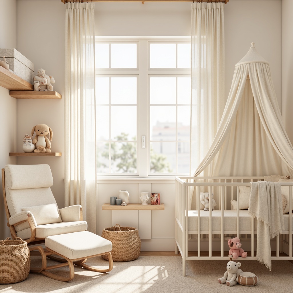 Prompt: Soft baby room ambiance, gentle pastel colors, plush toys, crib with canopy, warm beige carpet, comfortable glider chair, soothing natural fabrics, breathable cotton materials, subtle texture patterns, calming color palette, serene nursery atmosphere, warm soft lighting, cozy throw blankets, gentle sheen fabrics, delicate lace trim, 1/2 composition, shallow depth of field, realistic fabric rendering.