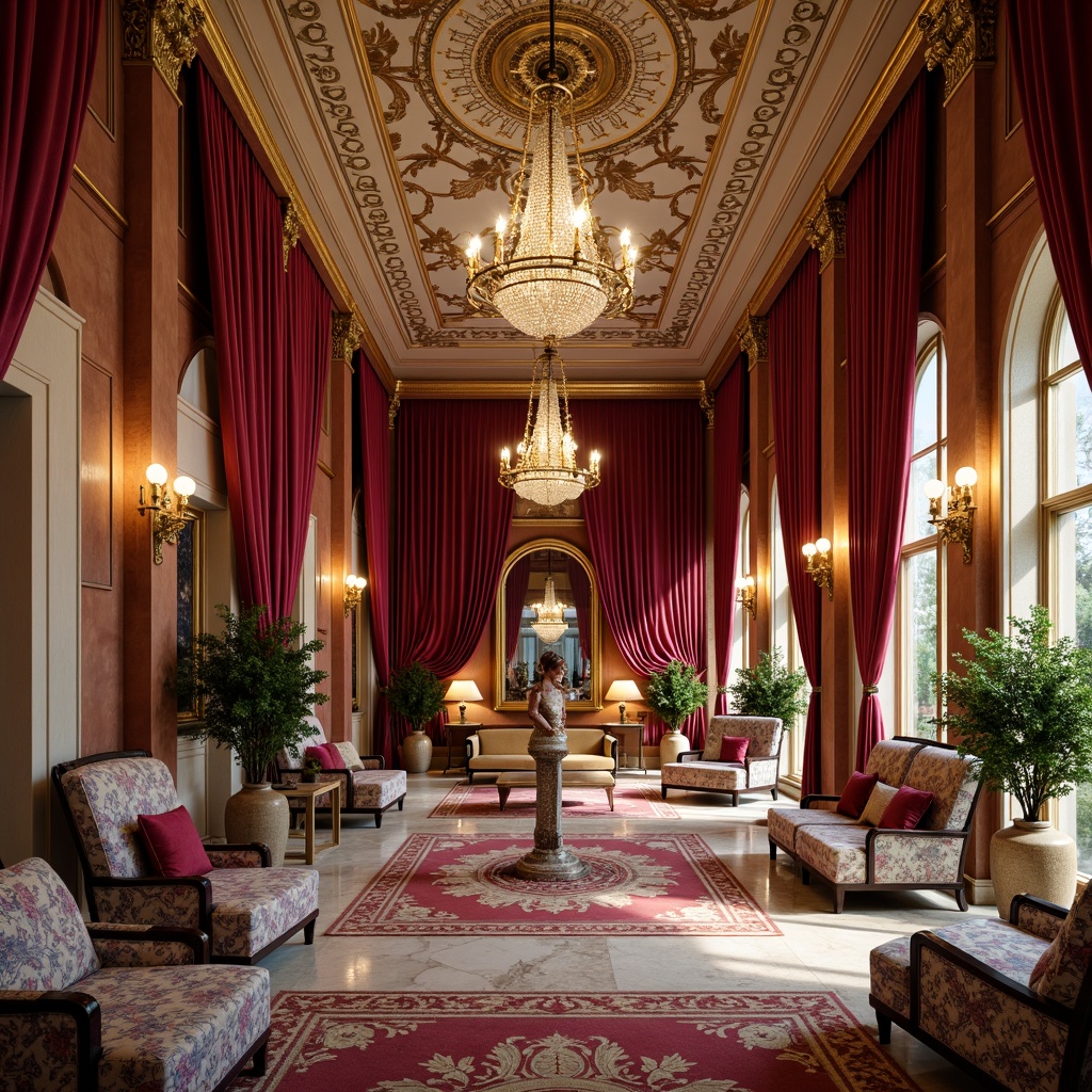 Prompt: Luxurious Baroque interior, rich velvet fabrics, ornate gold accents, dramatic crystal chandeliers, lavish marble floors, intricate wooden carvings, warm golden lighting, deep crimson reds, regal blues, soft creamy whites, ornate patterns, gilded mirrors, grandiose architecture, opulent furnishings, sophisticated elegance.