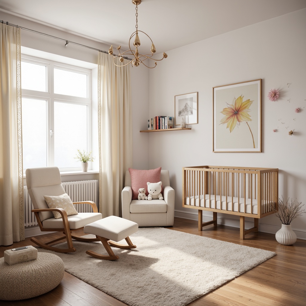 Prompt: Soft pastel colors, gentle lighting, plush area rug, comfortable glider, natural wood crib, minimalist mobiles, creamy white walls, subtle patterned curtains, delicate lace trim, soft pink accents, modern abstract art, sleek chrome furniture, warm beige tones, cozy reading nook, textured throw blankets, oversized stuffed animals, whimsical wall decals, elegant chandelier, gentle cream drapery, shallow depth of field, 1/1 composition, realistic textures.