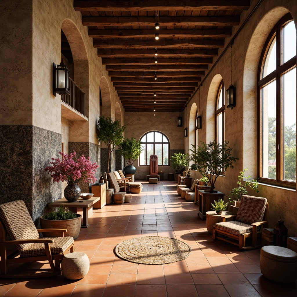 Prompt: Rustic factory interior, Mediterranean style decor, distressed wooden beams, terracotta flooring, natural stone walls, earthy color palette, woven textiles, vibrant ceramic tiles, ornate metalwork, arched windows, soft warm lighting, shallow depth of field, 3/4 composition, atmospheric perspective, realistic textures, ambient occlusion.