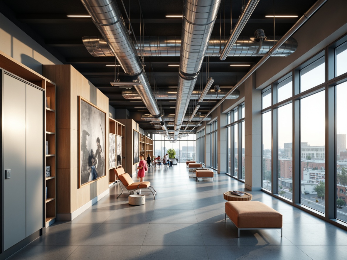 Prompt: Modern educational institution, industrial chic aesthetic, metal accents, polished chrome fixtures, sleek aluminum railings, metallic-toned lockers, steel beams, exposed ductwork, minimalist color scheme, natural light pouring, large windows, urban cityscape view, morning sunlight, soft shadows, shallow depth of field, 1/2 composition, realistic textures, ambient occlusion.