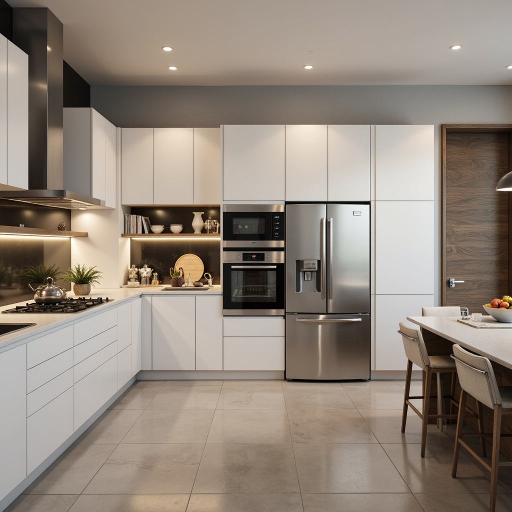 Prompt: Streamlined modern kitchen, high-gloss cabinets, sleek quartz countertops, stainless steel appliances, induction cooktop, built-in oven, microwave, refrigerator, dishwasher, pendant lighting, minimalist hardware, polished chrome fixtures, subtle texture contrasts, warm neutral color palette, softbox lighting, 1/1 composition, realistic reflections, ambient occlusion.