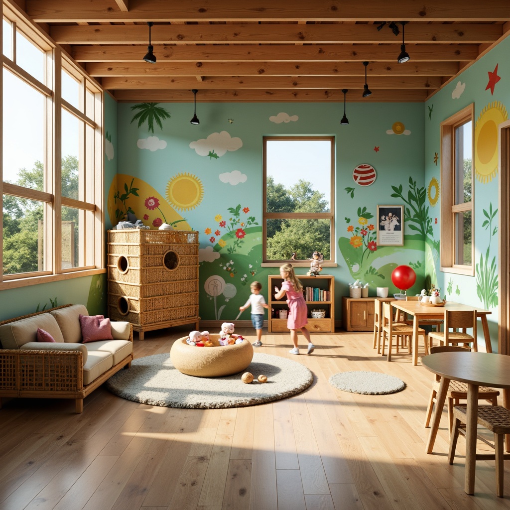 Prompt: Vibrant kindergarten playground, colorful Asian-inspired murals, natural wood accents, woven bamboo furniture, soft cushions, educational toys, playful climbing structures, kid-friendly storage bins, circular tables, ergonomic chairs, pastel-colored walls, warm lighting, shallow depth of field, 1/1 composition, realistic textures, ambient occlusion.