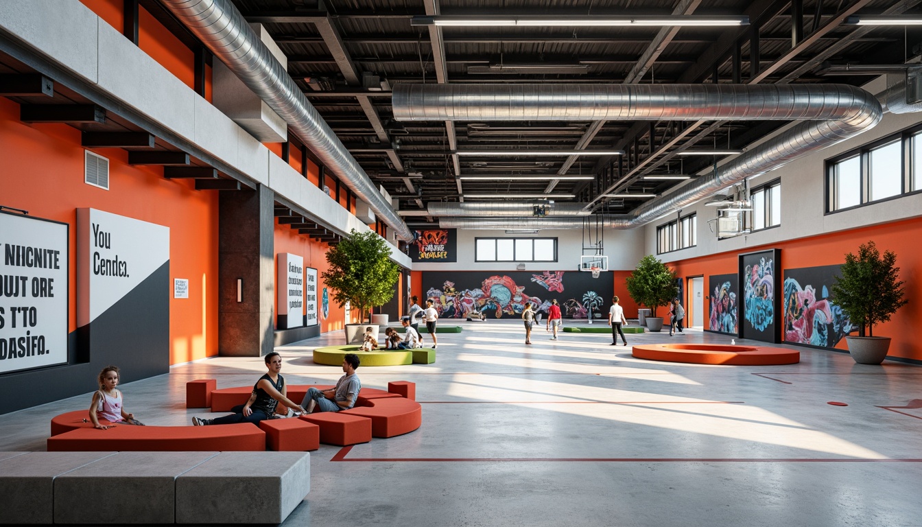 Prompt: Vibrant gymnasium interior, open space layout, postmodernist architectural style, exposed ductwork, industrial chic atmosphere, polished concrete floors, bright color accents, minimalist seating areas, sleek metal beams, irregularly shaped columns, eclectic mix of textures, bold geometric patterns, suspended track lighting, dramatic shadows, high ceilings, spacious circulation paths, dynamic athletic equipment, basketball courts, tennis tables, workout stations, motivational quotes, modern art installations, abstract sculptures, urban-inspired graffiti, contrasting color schemes, 1/2 composition, low-angle photography, realistic reflections.