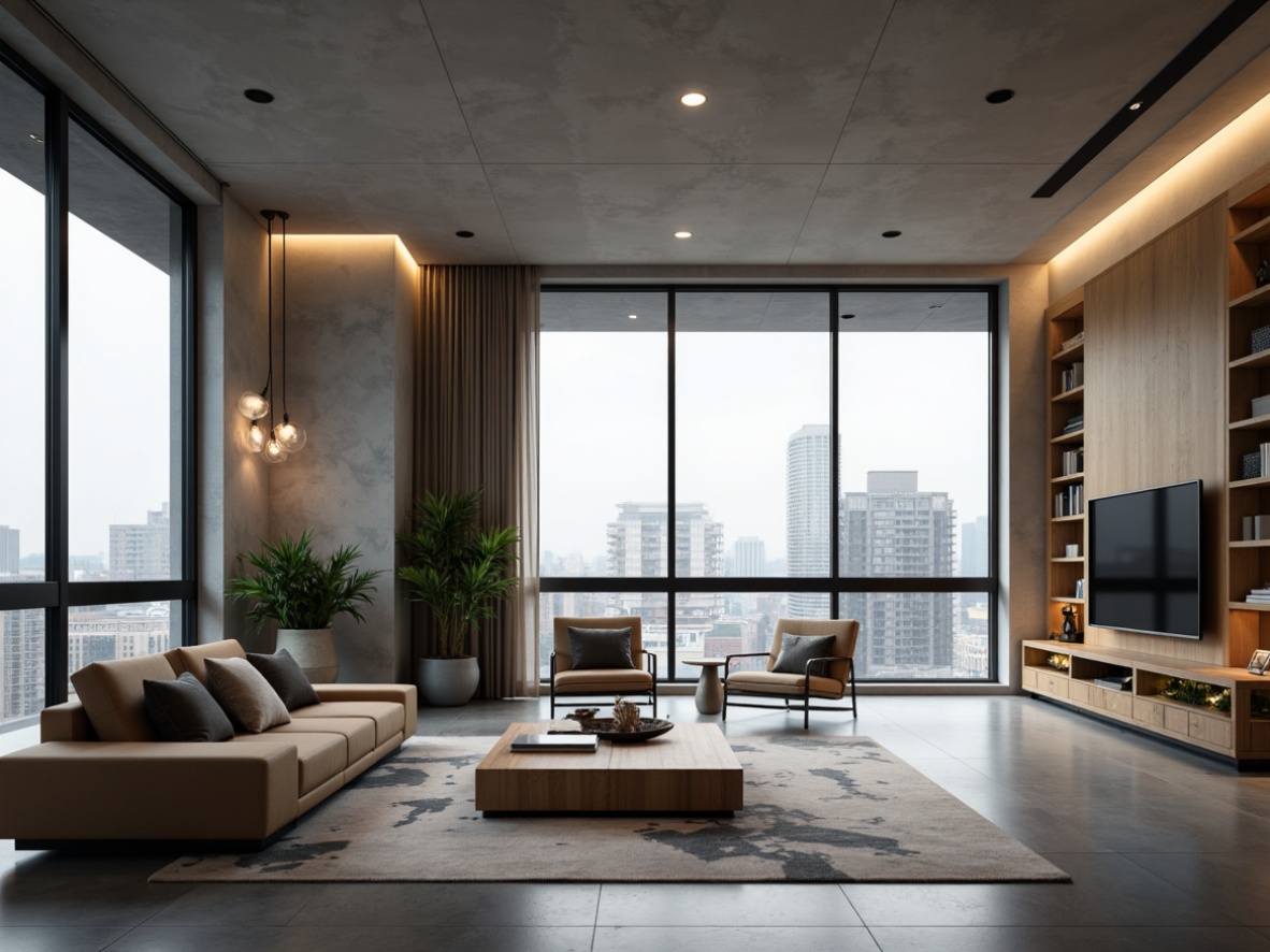 Prompt: Minimalist living room, sleek low-profile furniture, monochromatic color scheme, polished concrete floors, floor-to-ceiling windows, natural light, urban cityscape views, modern geometric patterns, metallic accents, hidden storage compartments, multi-functional spaces, space-saving designs, cozy reading nooks, ambient warm lighting, shallow depth of field, 2/3 composition, cinematic angles, realistic reflections, subtle textures.