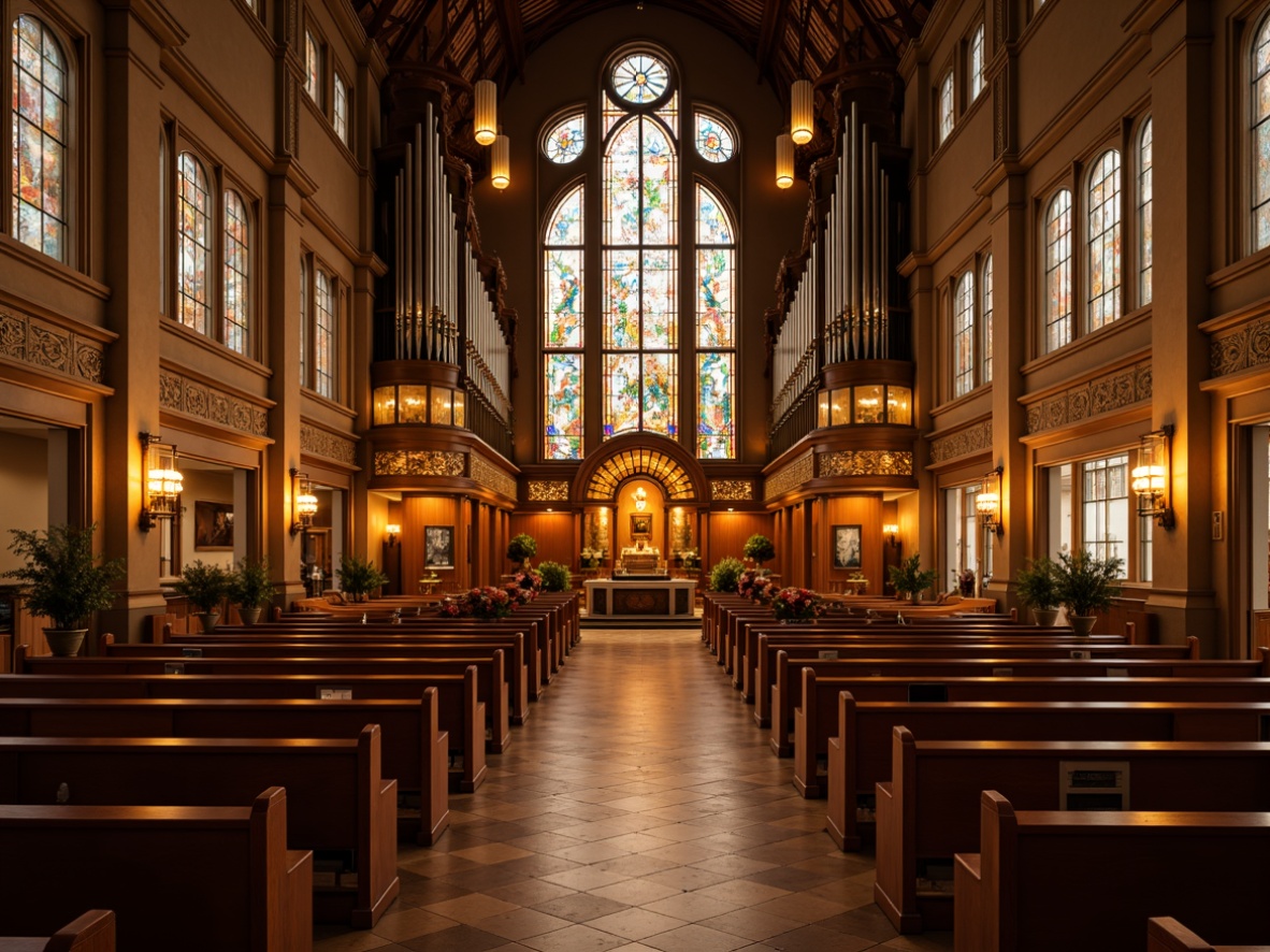 Prompt: Elegant church interior, stained glass windows, warm wooden pews, ornate altarpieces, majestic pipe organs, subtle ambient lighting, soft warm glow, suspended lanterns, crystal chandeliers, decorative sconces, LED downlights, energy-efficient lighting systems, vaulted ceilings, grand architectural details, serene atmosphere, gentle spotlighting, 1/1 composition, realistic textures, subtle shadows.