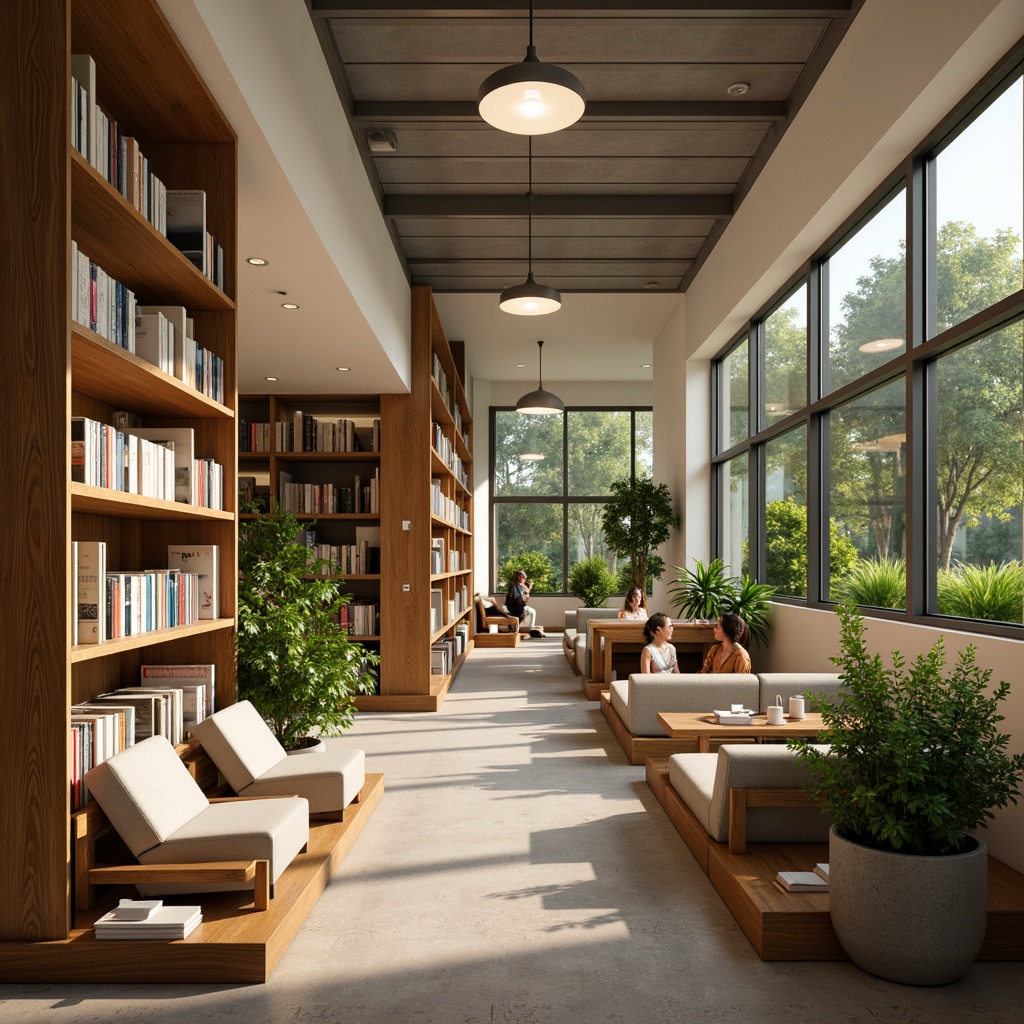 Prompt: Modern library interior, high ceilings, open spaces, minimal decor, comfortable seating areas, wooden shelves, floor lamps, pendant lights, natural light pouring in, soft warm glow, reading nooks, cozy corners, ergonomic furniture, green walls, living plants, quiet atmosphere, subtle color scheme, warm beige tones, calming ambiance, 1/1 composition, softbox lighting, realistic textures, ambient occlusion.