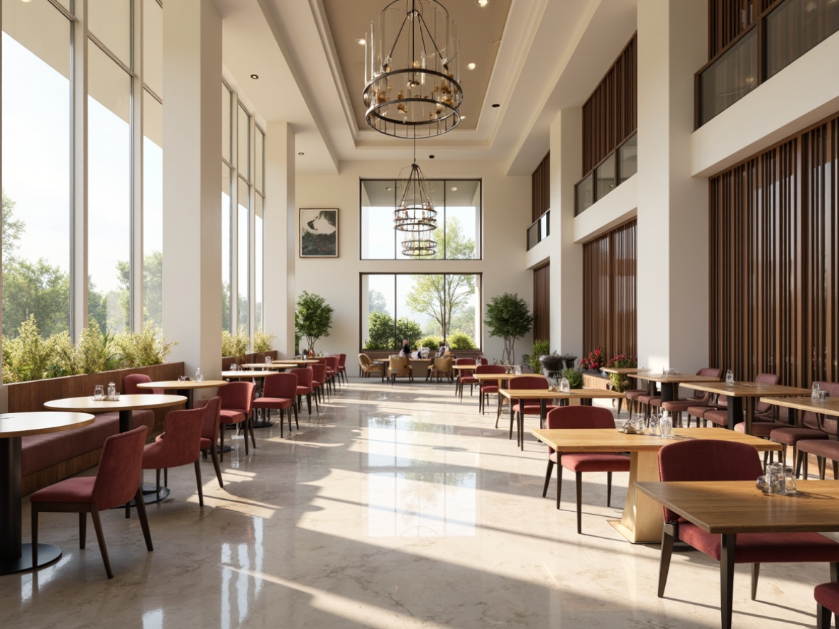 Prompt: Modern dining room, polished marble flooring, velvet upholstered chairs, reclaimed wood tables, metallic accents, sleek glass chandeliers, creamy white walls, floor-to-ceiling windows, natural light pouring in, soft warm ambiance, 1/1 composition, shallow depth of field, realistic renderings, ambient occlusion.