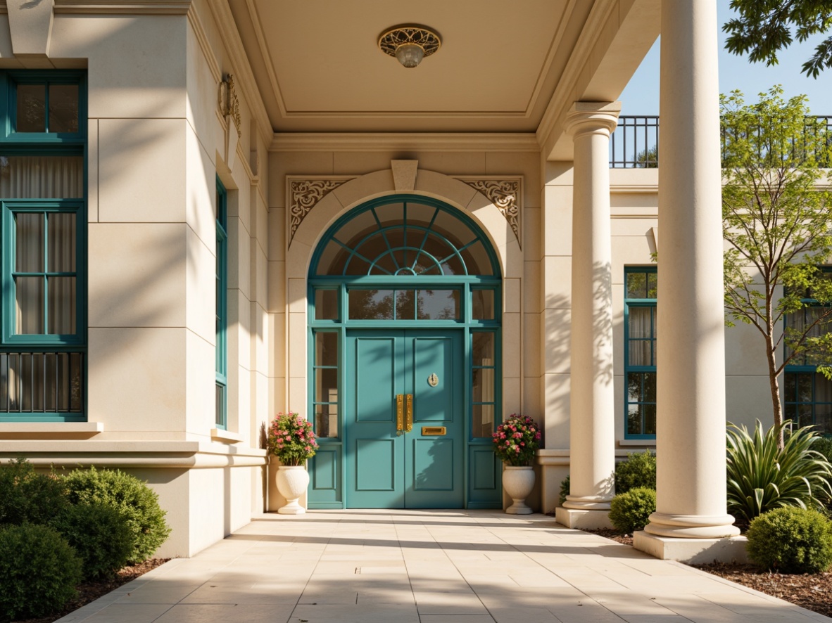 Prompt: Elegant middle school building, neoclassical architecture, creamy white marble columns, ornate stone carvings, rich walnut wood accents, soft warm beige walls, vibrant turquoise blue doors, polished brass fixtures, subtle cream-colored stone floors, lush greenery, blooming flowers, sunny day, soft natural lighting, shallow depth of field, 1/2 composition, symmetrical framing, realistic textures, ambient occlusion.