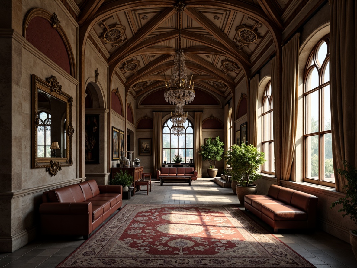 Prompt: Vaulted ceilings, ribbed arches, stained glass windows, ornate stone carvings, rich wood paneling, intricate moldings, grand chandeliers, luxurious fabrics, velvet drapes, ornamental metalwork, distressed leather furniture, mystical ambiance, warm soft lighting, subtle shadows, 1/1 composition, realistic textures, ambient occlusion.